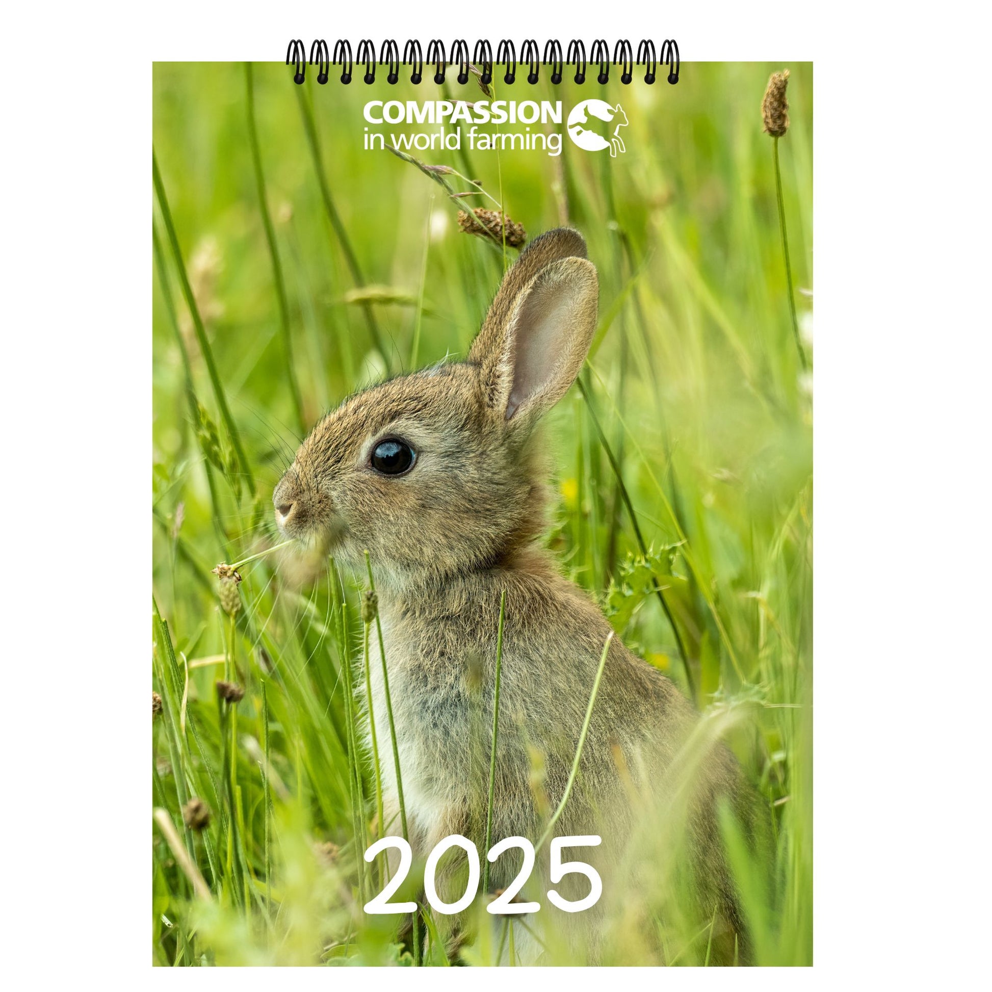 Dierenjaarkalender voor 2025 met op de voorkant een konijn in het gras.